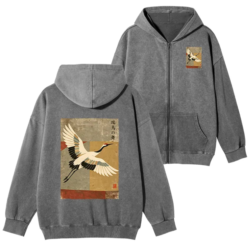 Kyoto-Lion Crane Spirit Washed Zip Hoodie