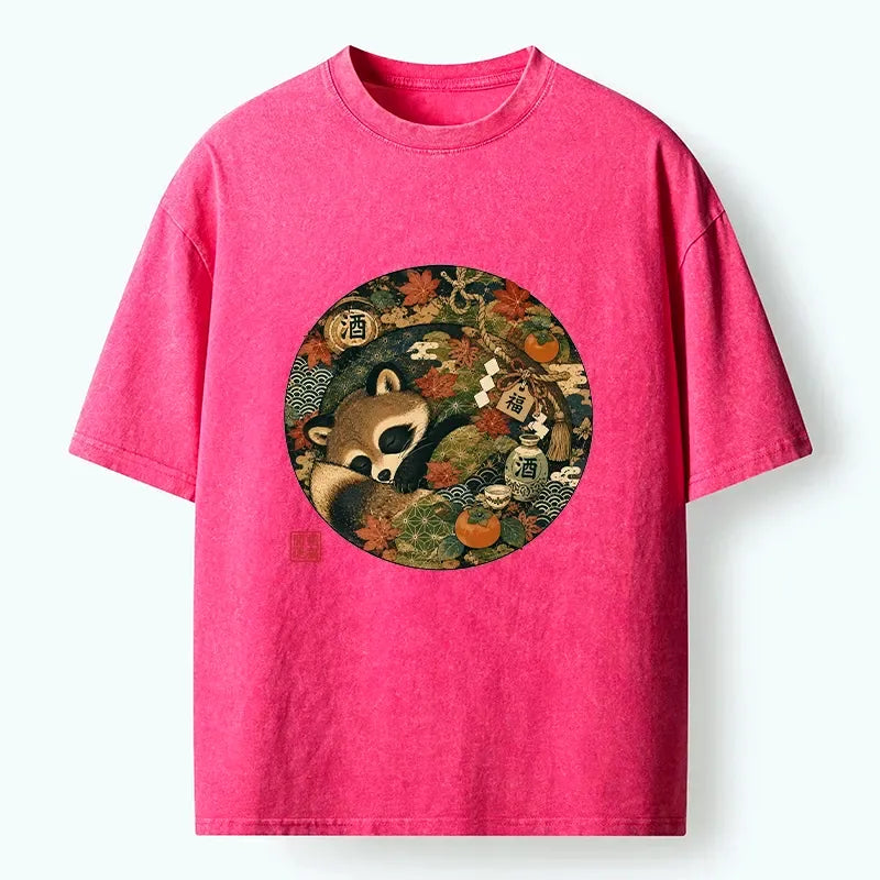 Kyoto-Lion Sleepy Raccoon Enjoys Autumn Sake Break Washed T-Shirt