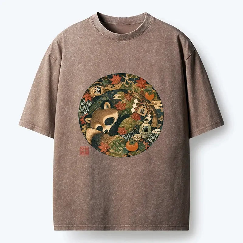 Kyoto-Lion Sleepy Raccoon Enjoys Autumn Sake Break Washed T-Shirt