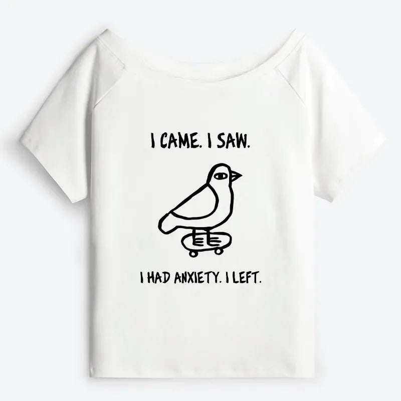 Kyoto-Lion Funny Meme Bird Just Needs A Break Off Shoulder T-Shirt