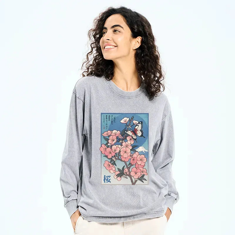 Kyoto-Lion Ukiyoe Japanese Cherry blossoms Poster Washed Long Sleeve T-Shirt