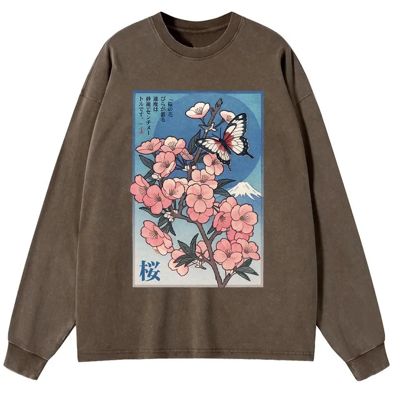 Kyoto-Lion Ukiyoe Japanese Cherry blossoms Poster Washed Long Sleeve T-Shirt