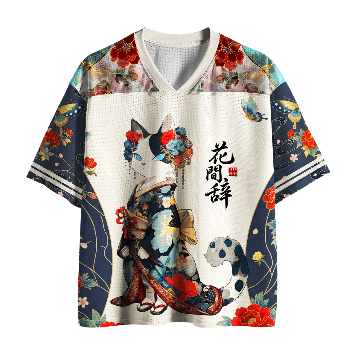 Breathable Mesh Jersey with Peony Butterfly Print