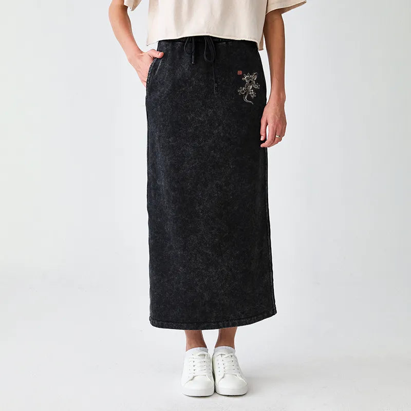 Kyoto-Lion Minimal Asian Ink Brush Gecko Vibe Washed Terry Skirt