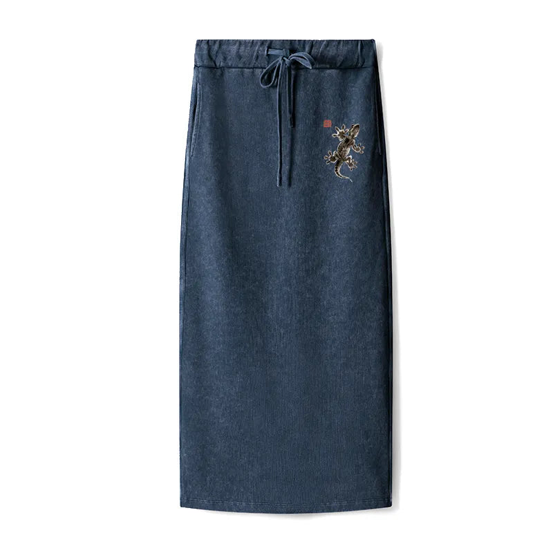 Kyoto-Lion Minimal Asian Ink Brush Gecko Vibe Washed Terry Skirt