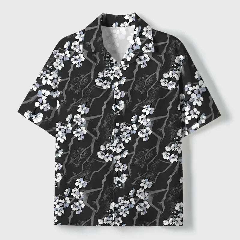 Japanese Sakura Cuban Collar Shirt for Summer