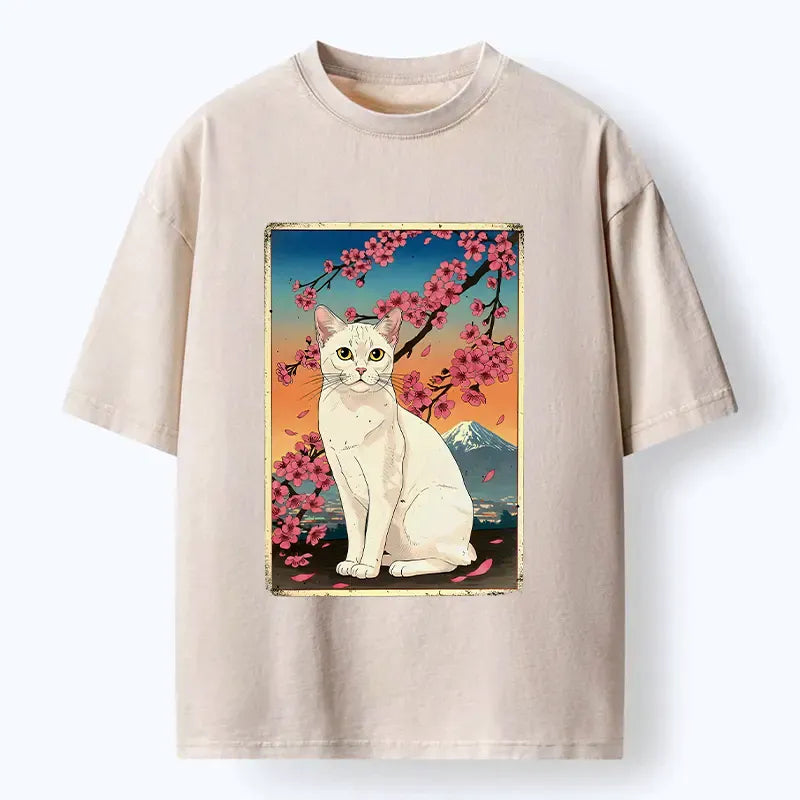 Kyoto-Lion Sakura Fuji And Cat Japanese Art Washed T-Shirt