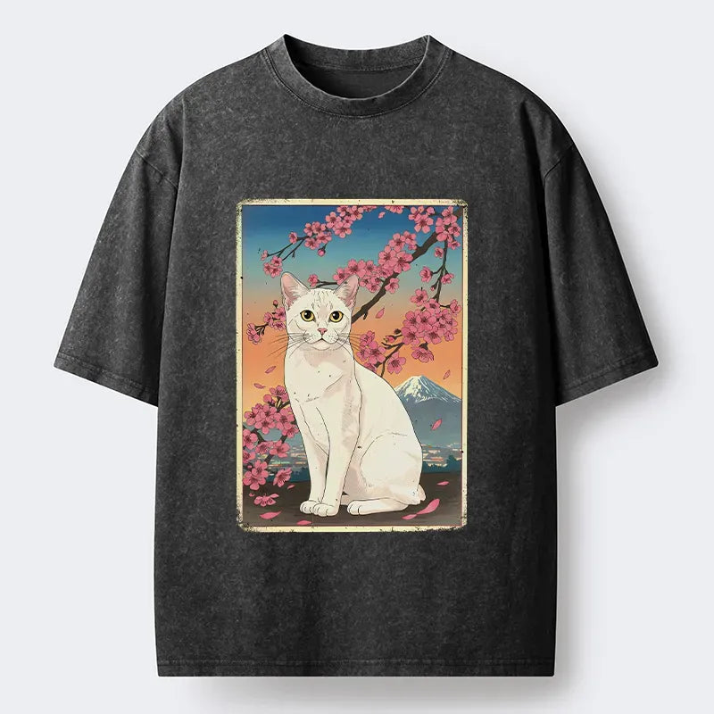 Kyoto-Lion Sakura Fuji And Cat Japanese Art Washed T-Shirt