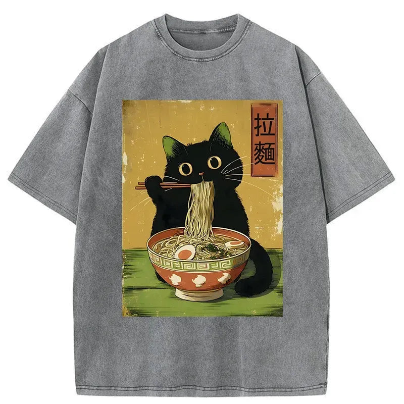 Kyoto-Lion Vintage Japanese Cat Eating Ramen Washed T-Shirt