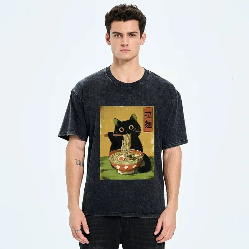 Vintage Japanese Cat Eating Ramen Tee