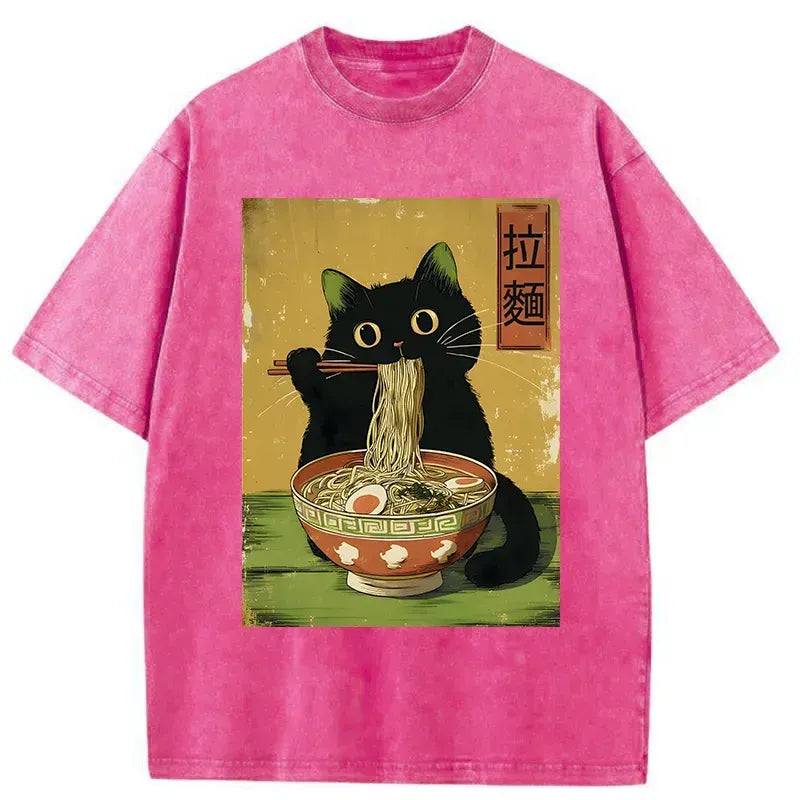 Vintage Japanese Cat Eating Ramen Tee