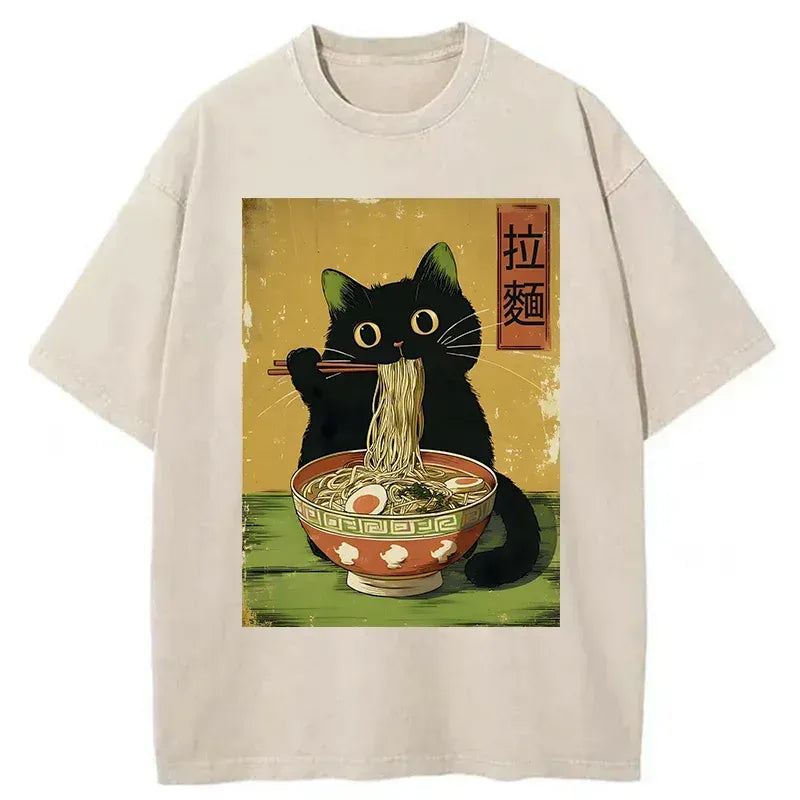 Kyoto-Lion Vintage Japanese Cat Eating Ramen Washed T-Shirt