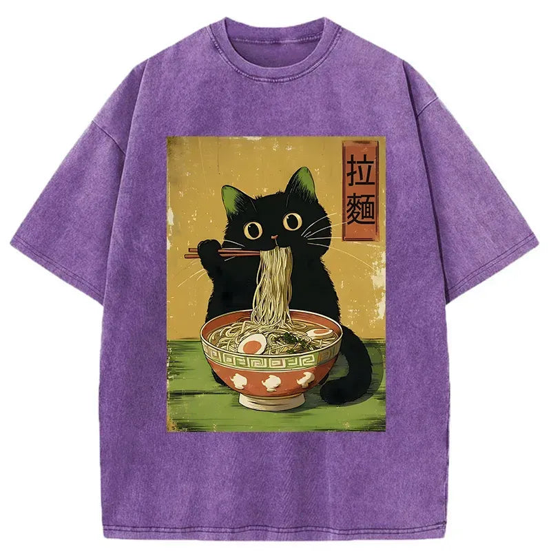 Kyoto-Lion Vintage Japanese Cat Eating Ramen Washed T-Shirt