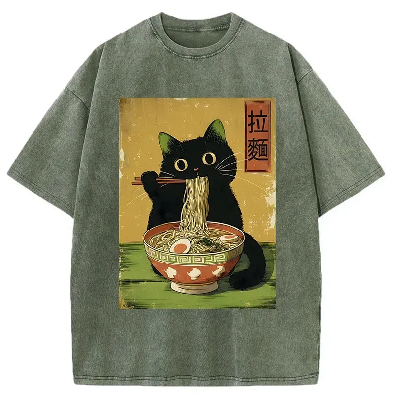 Vintage Japanese Cat Eating Ramen Tee