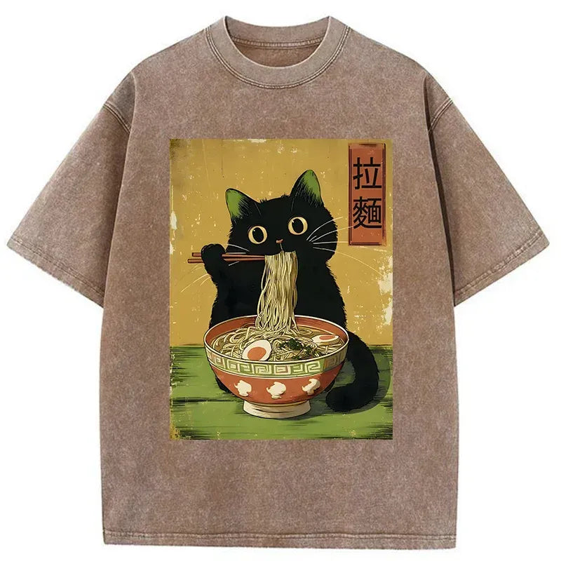 Kyoto-Lion Vintage Japanese Cat Eating Ramen Washed T-Shirt