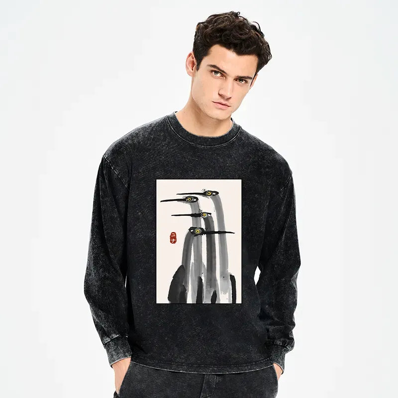 Kyoto-Lion Japanese Crane Poster Washed Long Sleeve T-Shirt