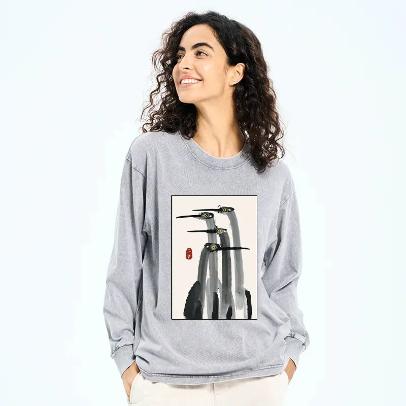 Unisex Japanese Crane Long Sleeve T-Shirt for Streetwear