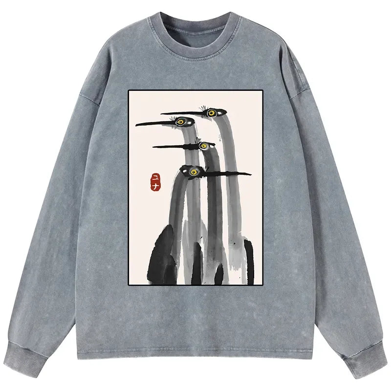 Kyoto-Lion Japanese Crane Poster Washed Long Sleeve T-Shirt