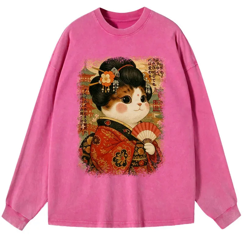 Washed Ukiyoe Cat T-Shirt for Daily Wear
