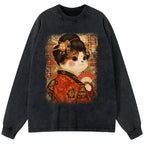 Kyoto-Lion Ukiyoe Japanese Cat Princess Washed Long Sleeve T-Shirt