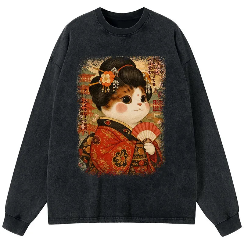Kyoto-Lion Ukiyoe Japanese Cat Princess Washed Long Sleeve T-Shirt