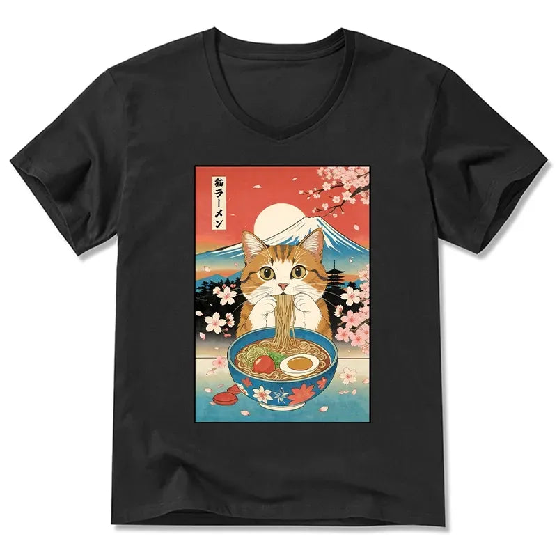 Kyoto-Lion Funny Orange Cat Eating Ramen Japan V-Neck Classic T-Shirt