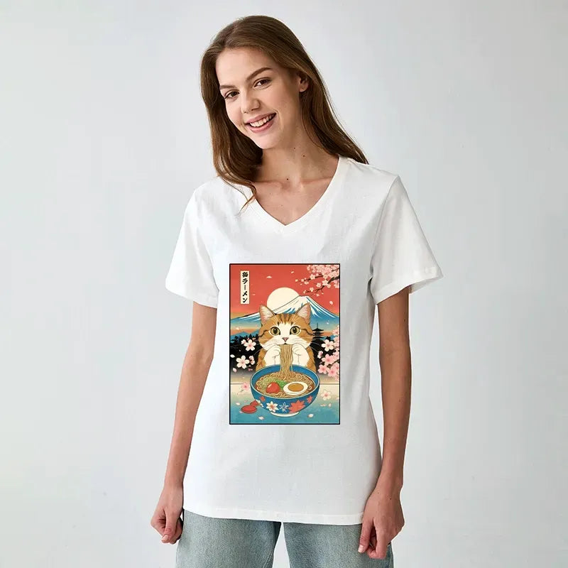 Funny Cat Ramen Japan V-Neck T-Shirt Best Seller