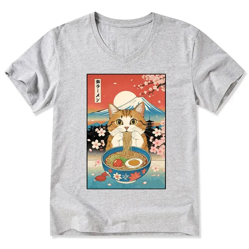 Kyoto-Lion Funny Orange Cat Eating Ramen Japan V-Neck Classic T-Shirt