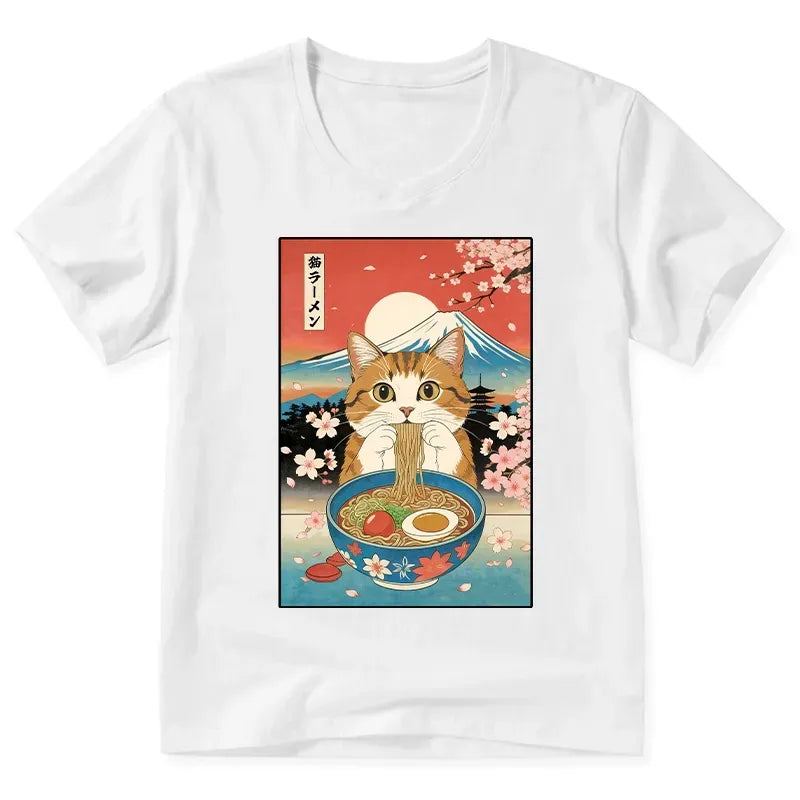 Kyoto-Lion Funny Orange Cat Eating Ramen Japan V-Neck Classic T-Shirt