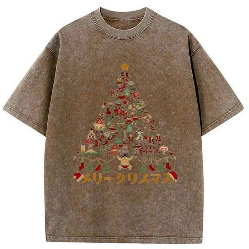 Kyoto-Lion Japanese Christmas Tree Made Up of Icons Washed T-Shirt