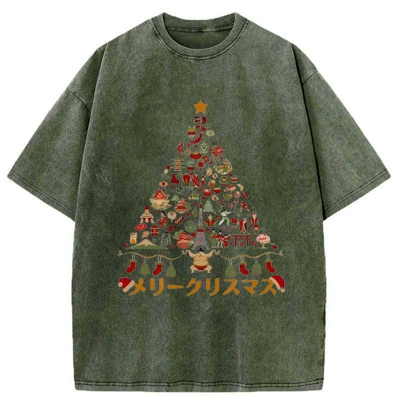 Kyoto-Lion Japanese Christmas Tree Made Up of Icons Washed T-Shirt