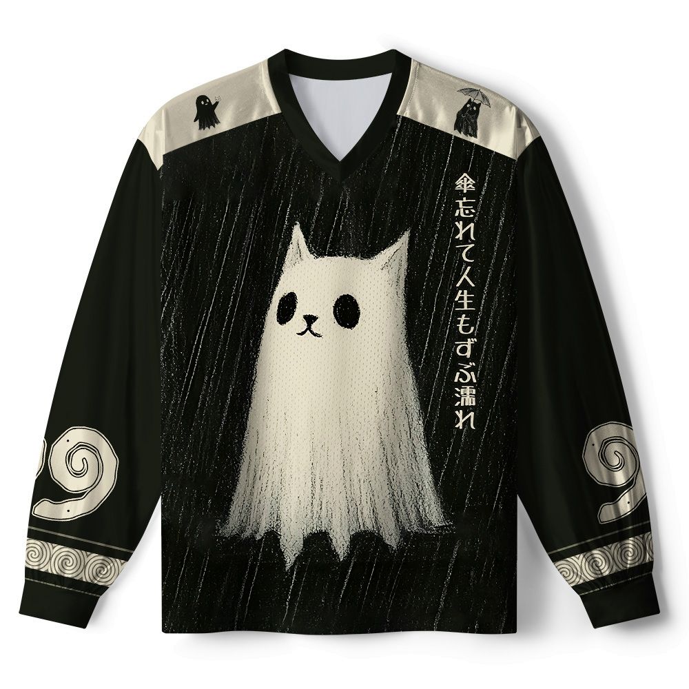 Kyoto-Lion Sad Little Ghost Cat Paneled Long Sleeve Jersey