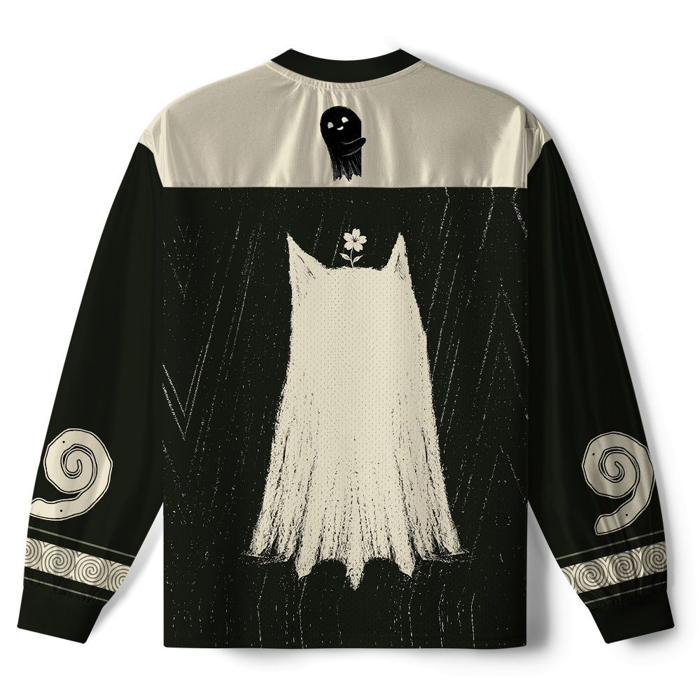 Kyoto-Lion Sad Little Ghost Cat Paneled Long Sleeve Jersey