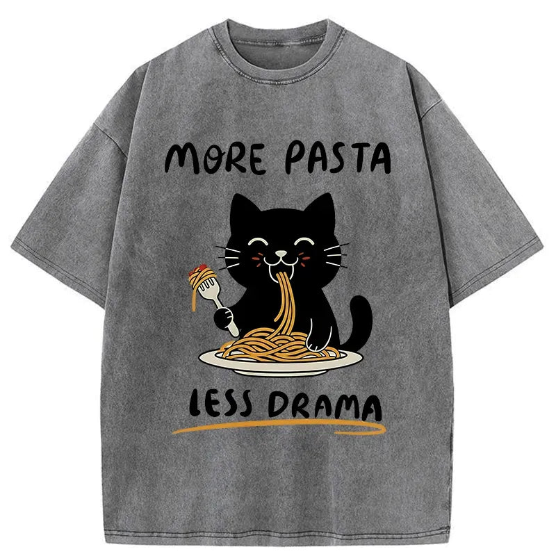 Kyoto-Lion More Pasta Less Drama Cat Washed T-Shirt