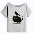 Black Cat Off Shoulder T-Shirt for Daily Wear