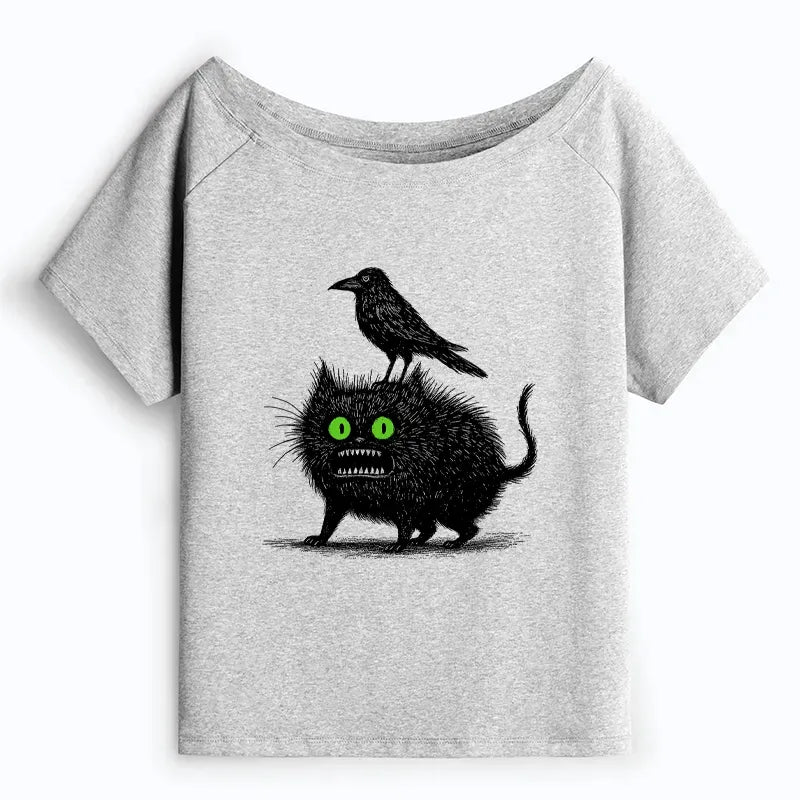 Black Cat Off Shoulder T-Shirt for Daily Wear