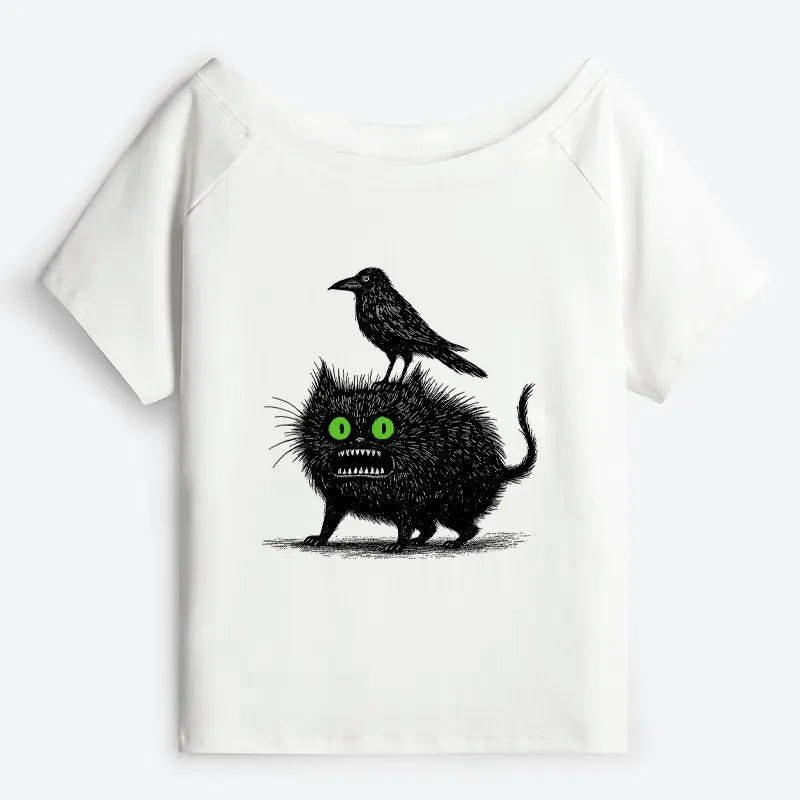 Black Cat Off Shoulder T-Shirt for Daily Wear