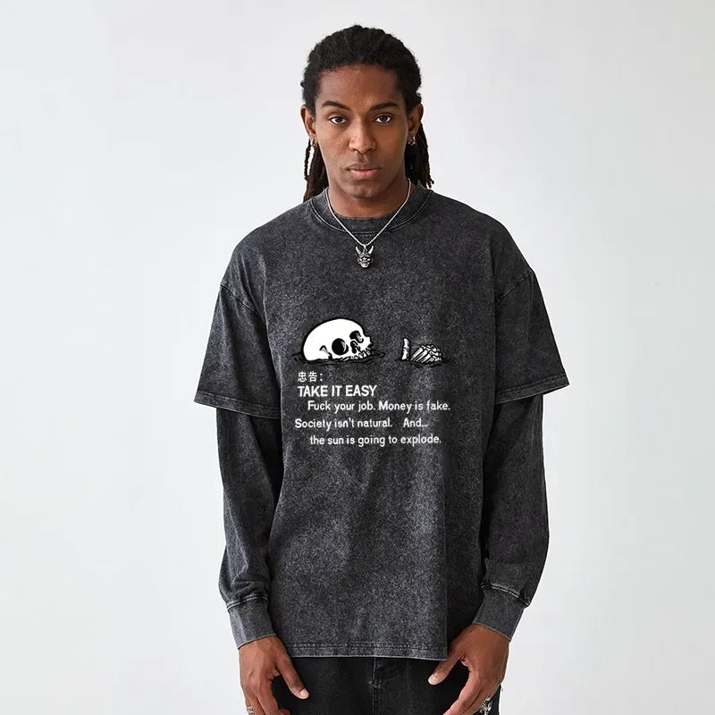 Kyoto-Lion Skeleton Ridicule Washed Double Layer T-Shirt