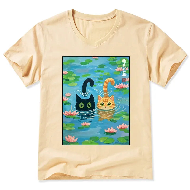 Vintage Japanese Cat T-Shirt for Daily Wear