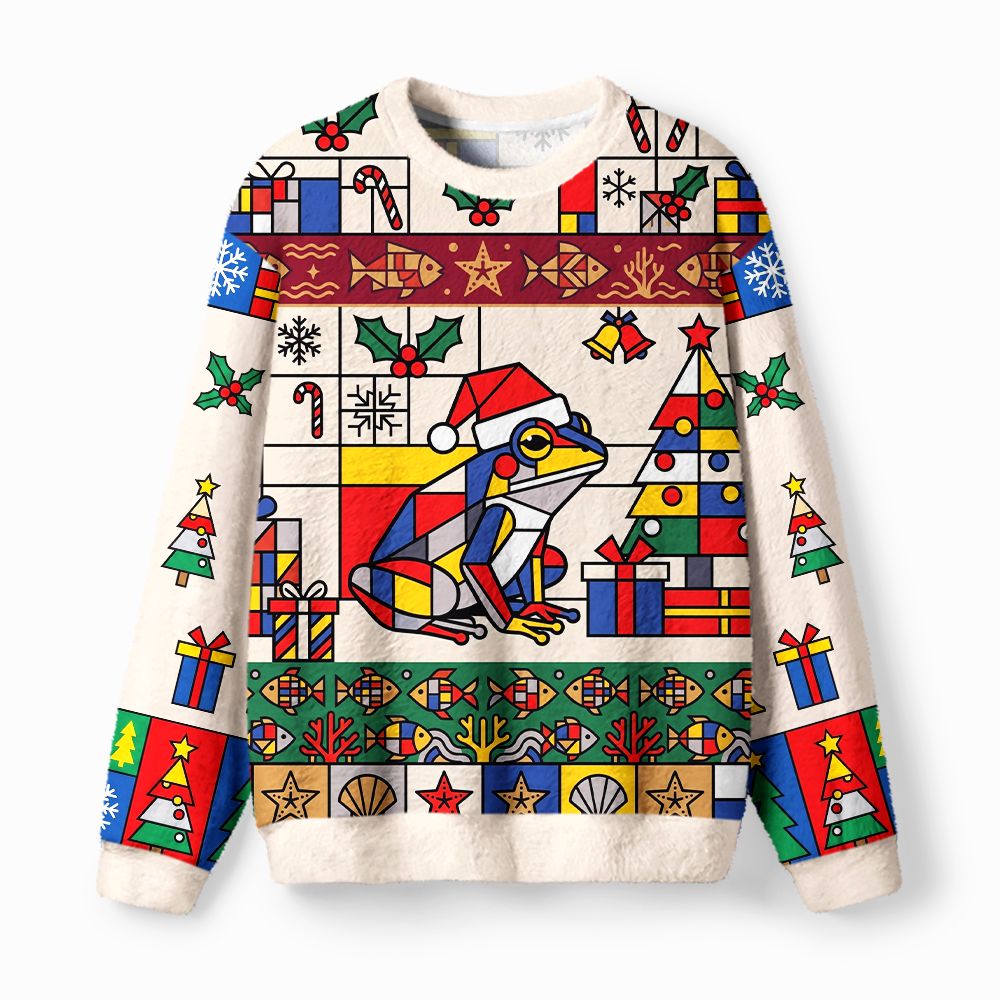 Kyoto-Lion Mondrian Style Santa Frog Fuzzy Christmas Ugly Sweatshirt