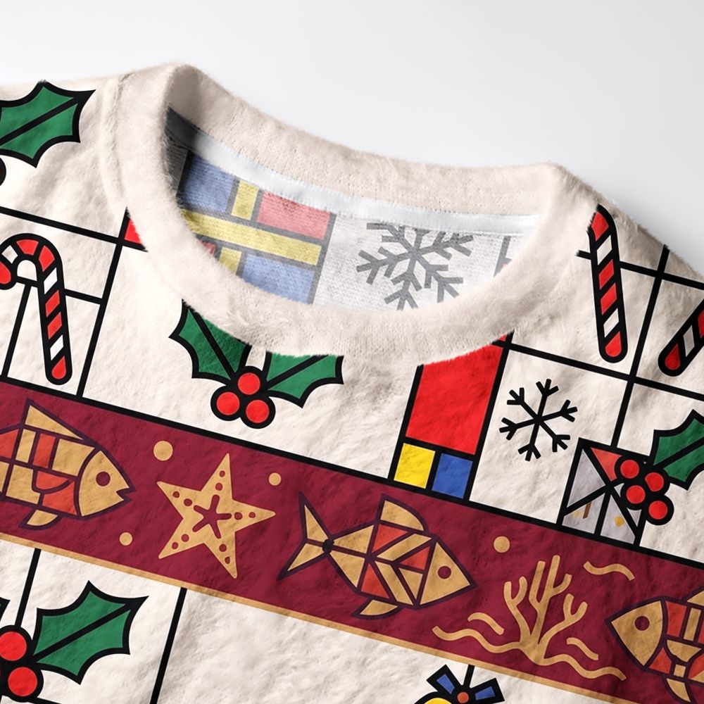 Kyoto-Lion Mondrian Style Santa Frog Fuzzy Christmas Ugly Sweatshirt