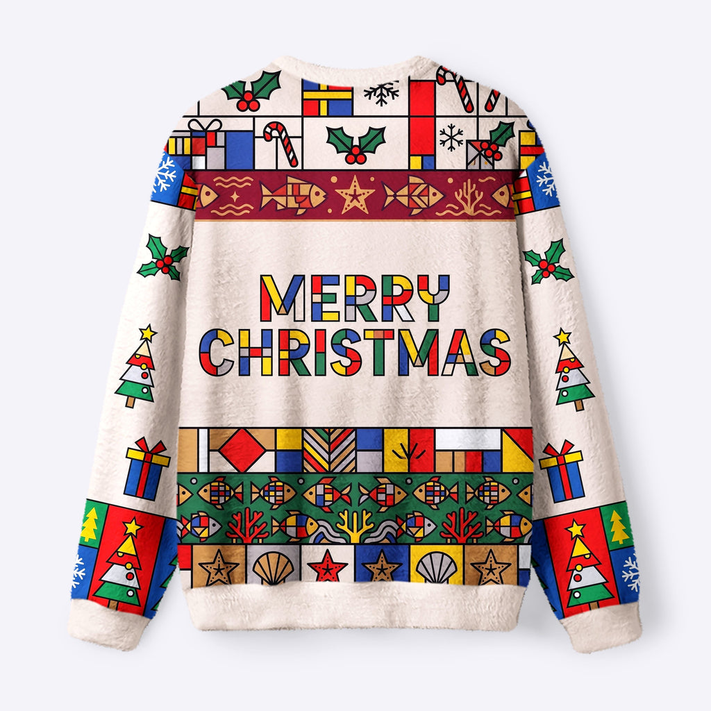 Kyoto-Lion Mondrian Style Santa Frog Fuzzy Christmas Ugly Sweatshirt