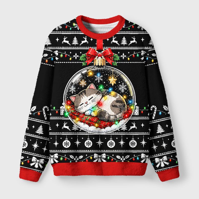 Kyoto-Lion Christmas Ball Napping Cat Fuzzy Christmas Ugly Sweatshirt