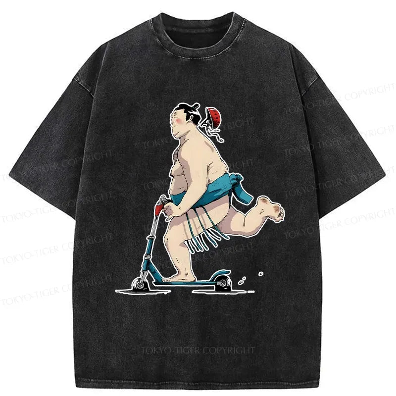 Kyoto-Lion Sumo On A Scooter Washed T-Shirt