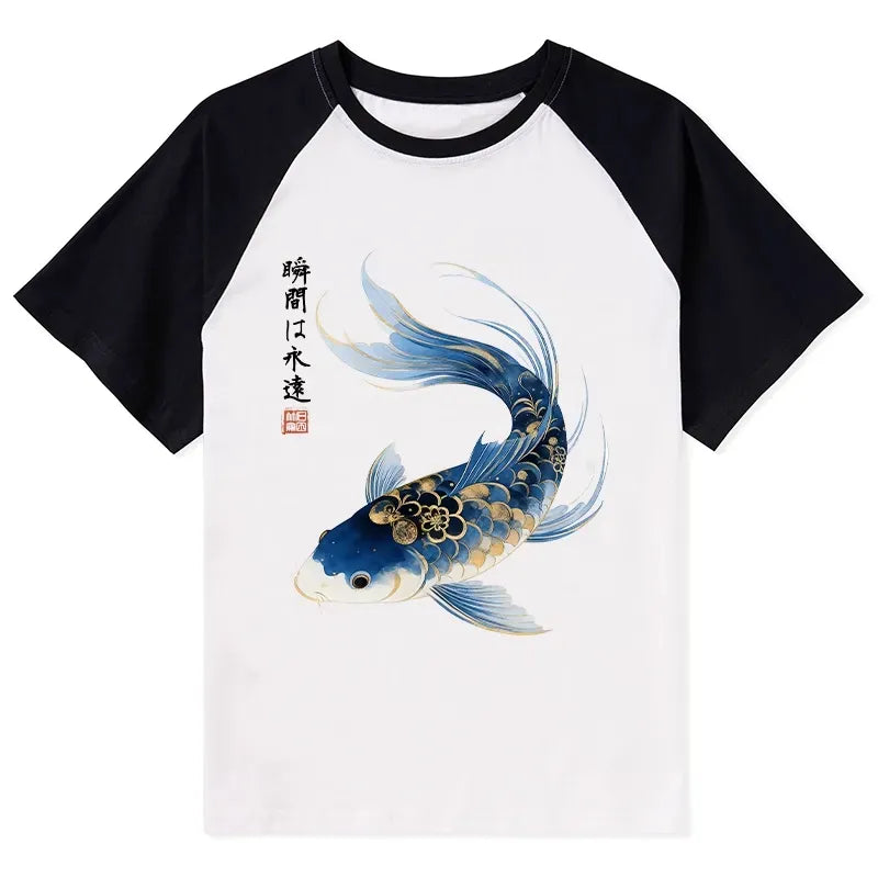 Kyoto-Lion Elegant Koi Fish Watercolor Art Raglan T-shirt