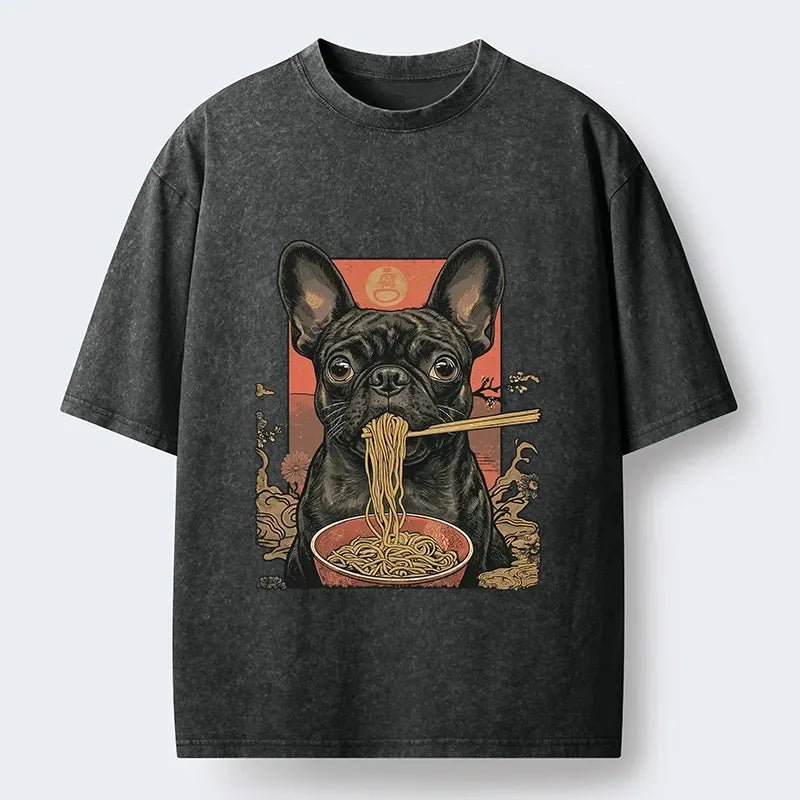 Kyoto-Lion Vintage Style Dog And Ramen Art Washed T-Shirt