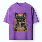 Kyoto-Lion Vintage Style Dog And Ramen Art Washed T-Shirt