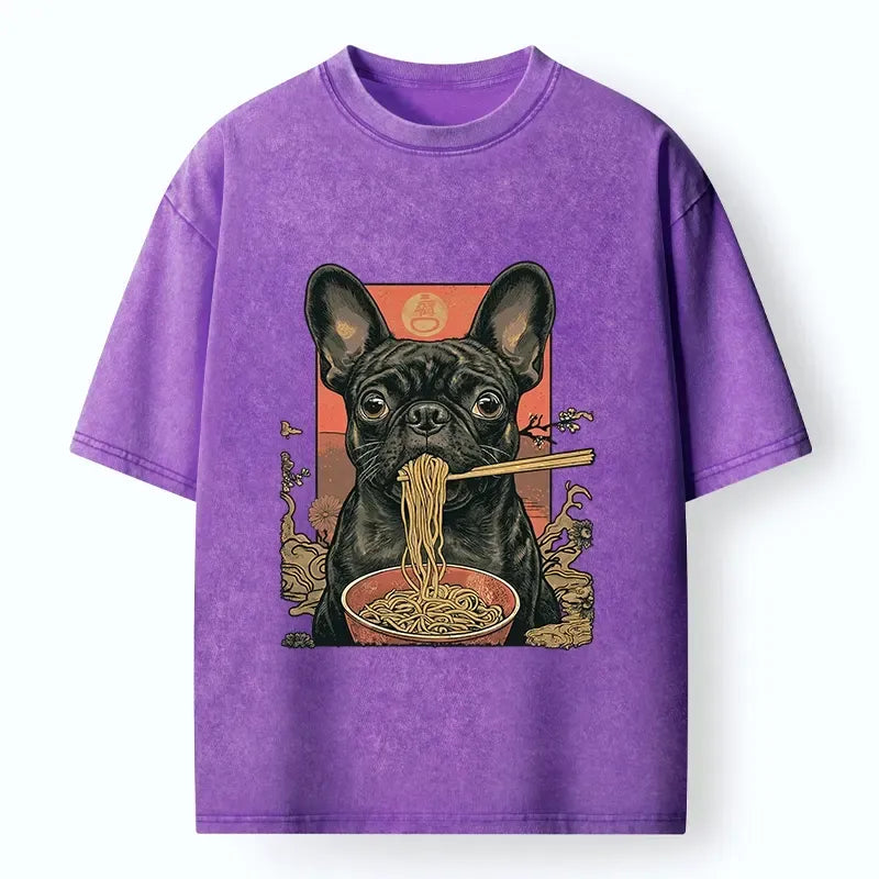 Kyoto-Lion Vintage Style Dog And Ramen Art Washed T-Shirt
