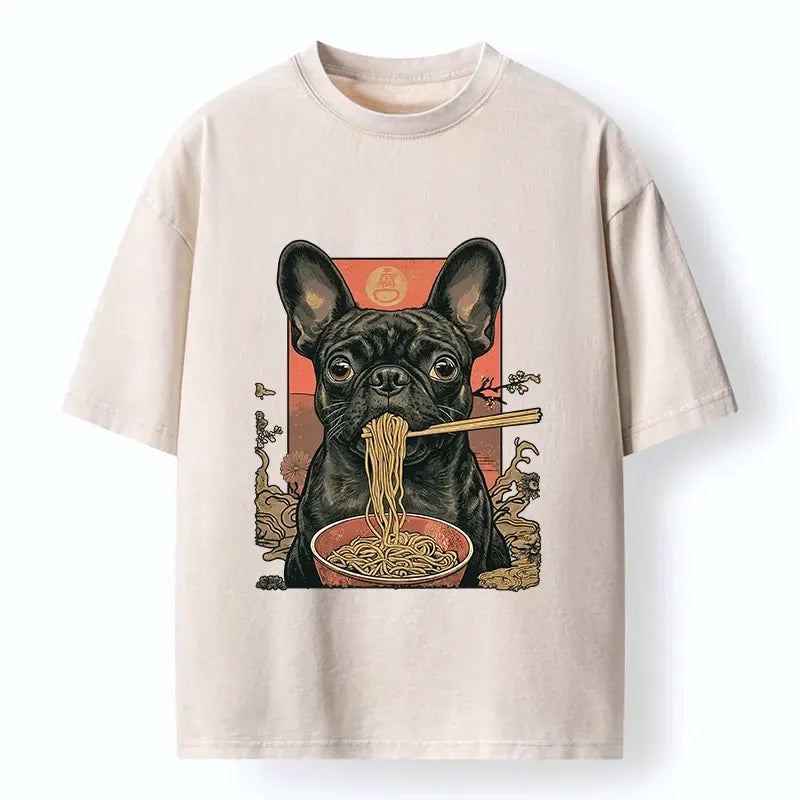 Kyoto-Lion Vintage Style Dog And Ramen Art Washed T-Shirt