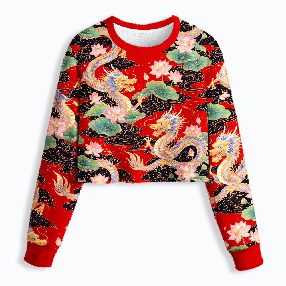 Kyoto-Lion Traditional Asian Dragon Lotus Blossom Women's Fuzzy Cropped Sweatshirt